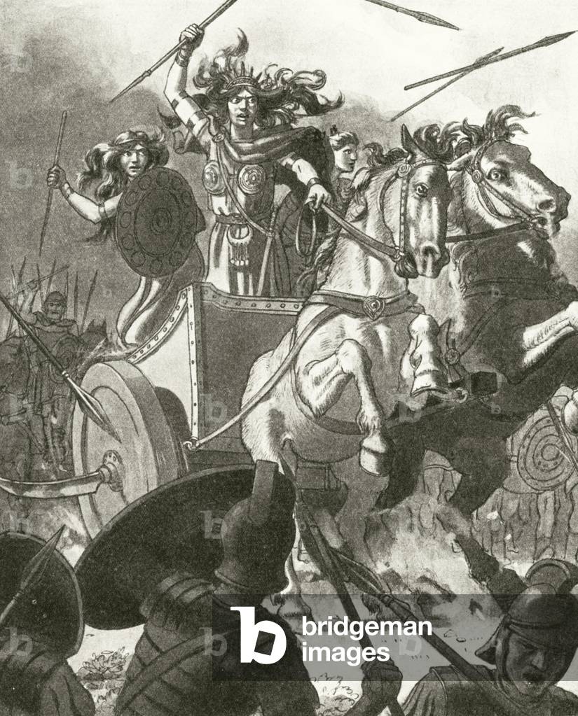 Queen Boadicea in her chariot (litho)