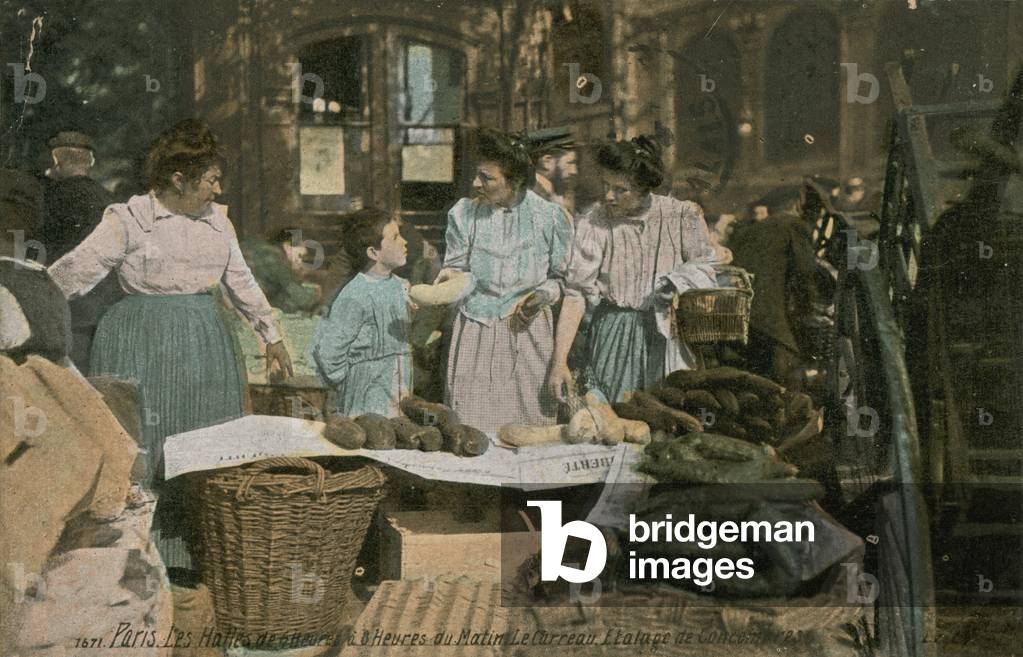Market stall at Les Halles in Paris, France. Postcard sent in 1913.
