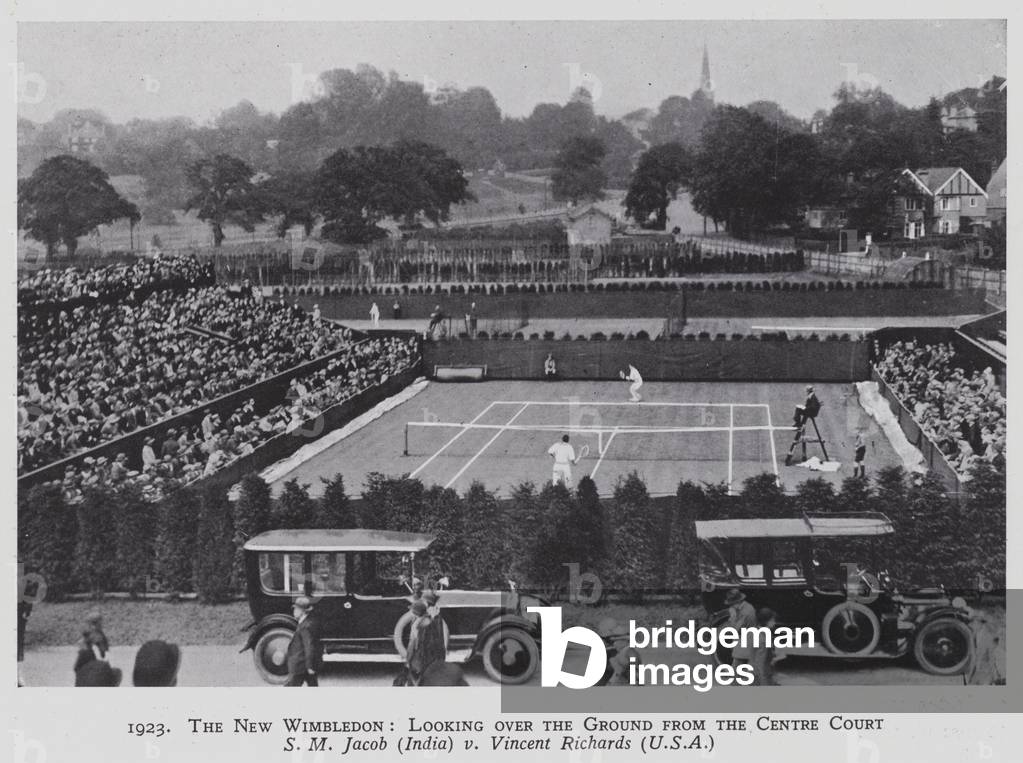 1923, The New Wimbledon, Looking over the Ground from the Centre Court, S M Jacob (India) v Vincent Richards (USA) (b/w photo)