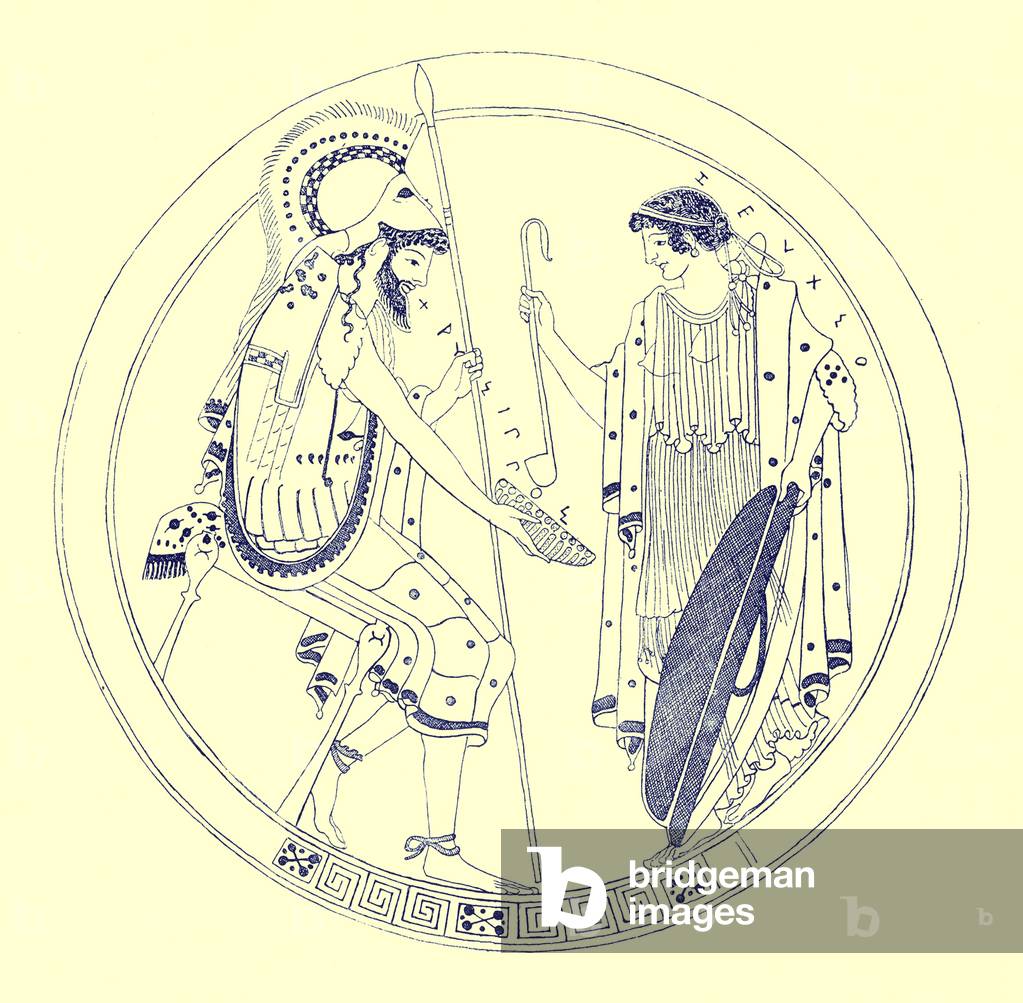 A seated warrior holds his wine cup, illustration from 'Greek Vase Paintings' by J. E. Harrison and D. S. MacColl, published 1894 (digitaly enhanced image)