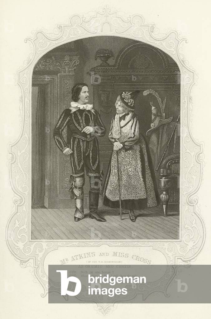 Mr Atkins and Miss Cross (of the T R Birmingham) as Grumio and Curtis, The Taming of the Shrew (engraving)