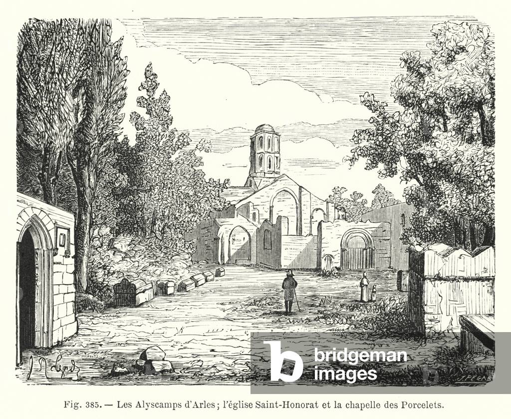 Les Alyscamps d'Arles; l'eglise Saint-Honorat et la chapelle des Porcelets (engraving)
