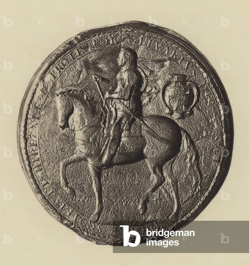 Seal of the Protectorate, Reverse, with representation of Oliver Cromwell on horseback (litho)