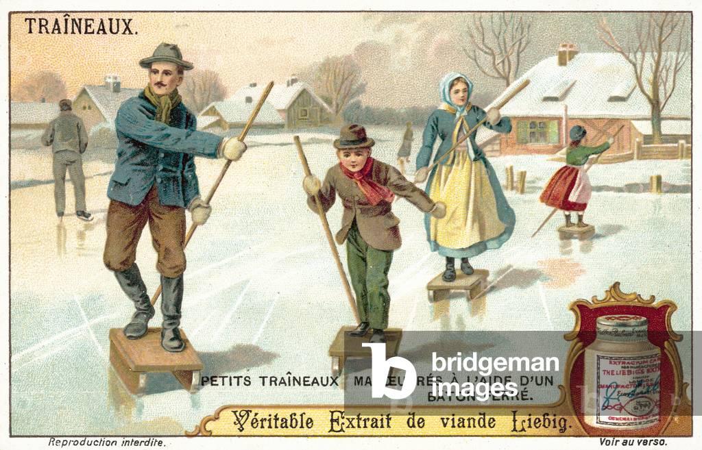 Small sledges manoeuvred with the aid of a pole (chromolitho)