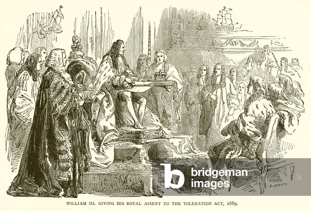 William III giving his Royal Assent to the Toleration Act, 1689 (engraving)