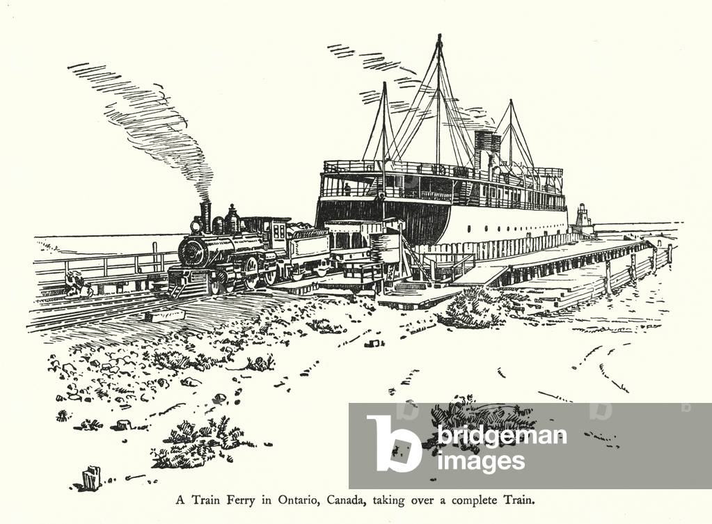 A Train Ferry in Ontario, Canada, taking over a complete Train (litho)