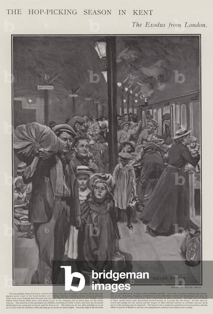 Seasonal hop pickers travelling by train from London to Kent (litho)