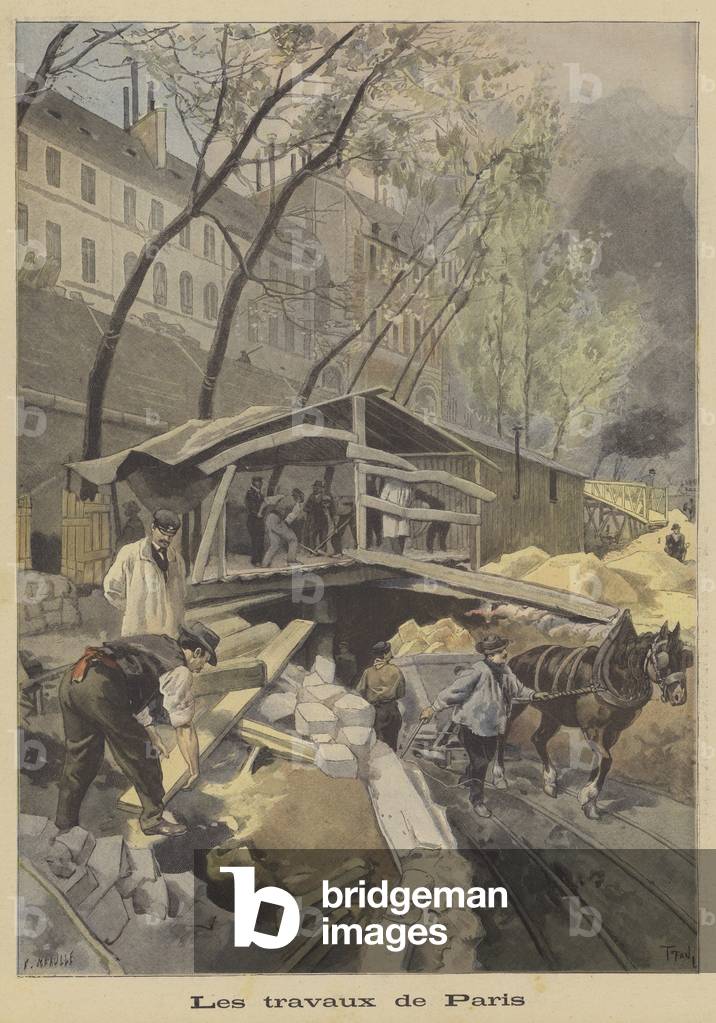 Construction work on the Paris Metro (colour litho)