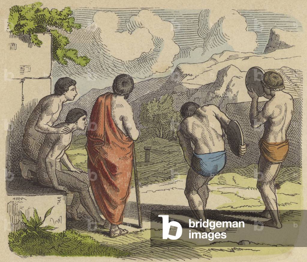 Discus throwing in Ancient Greece (coloured engraving)