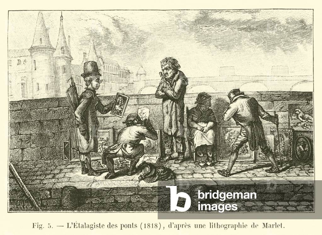 L'Etalagiste des ponts, 1818, d'apres une lithographie de Marlet (engraving)