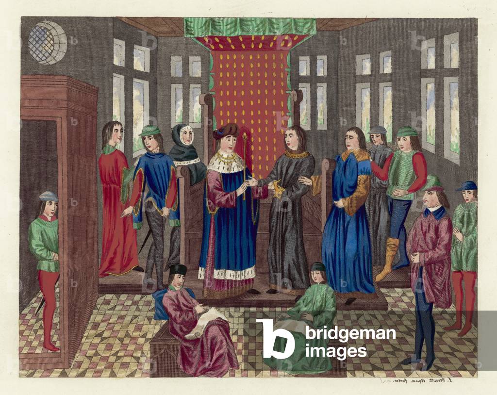 King Richard II resigns his crown and state (coloured engraving)