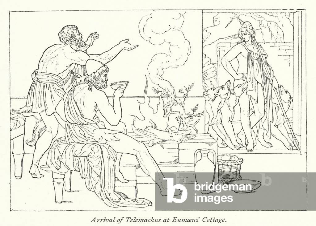 Arrival of Telemachus at Eumaeus' Cottage (litho)