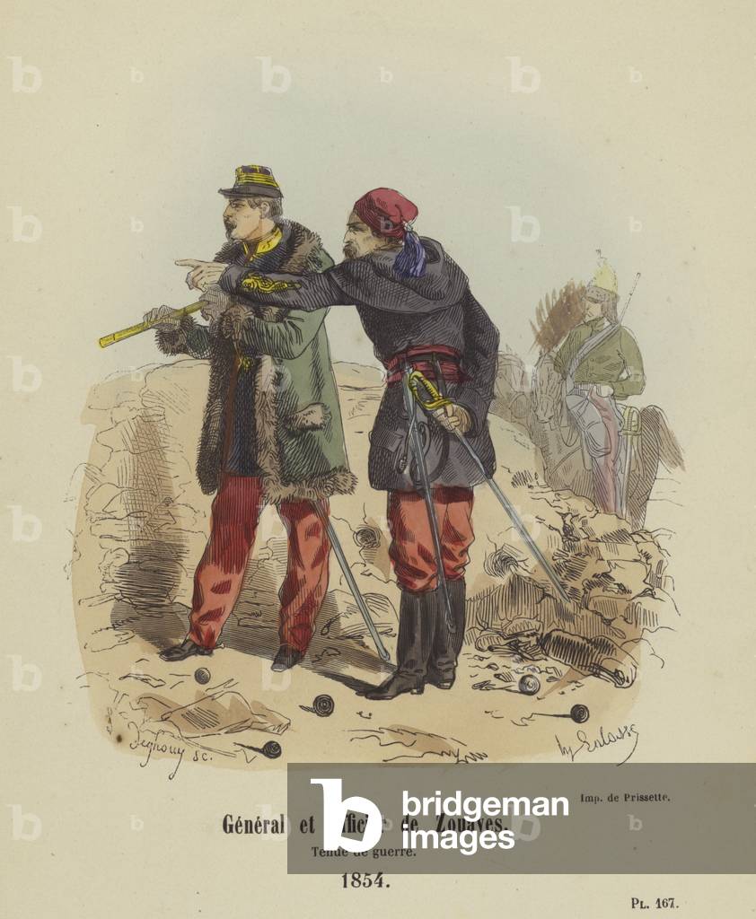 General et Officier de Zouaves, Tenue de guerre, 1854 (coloured engraving)