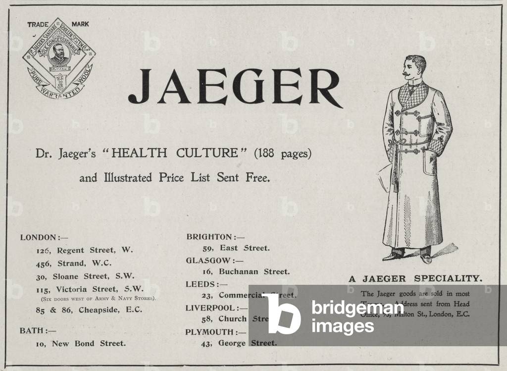 Advertisement for Dr Jaeger's Sanitary Woollen System Co Ltd woollen clothing (engraving)