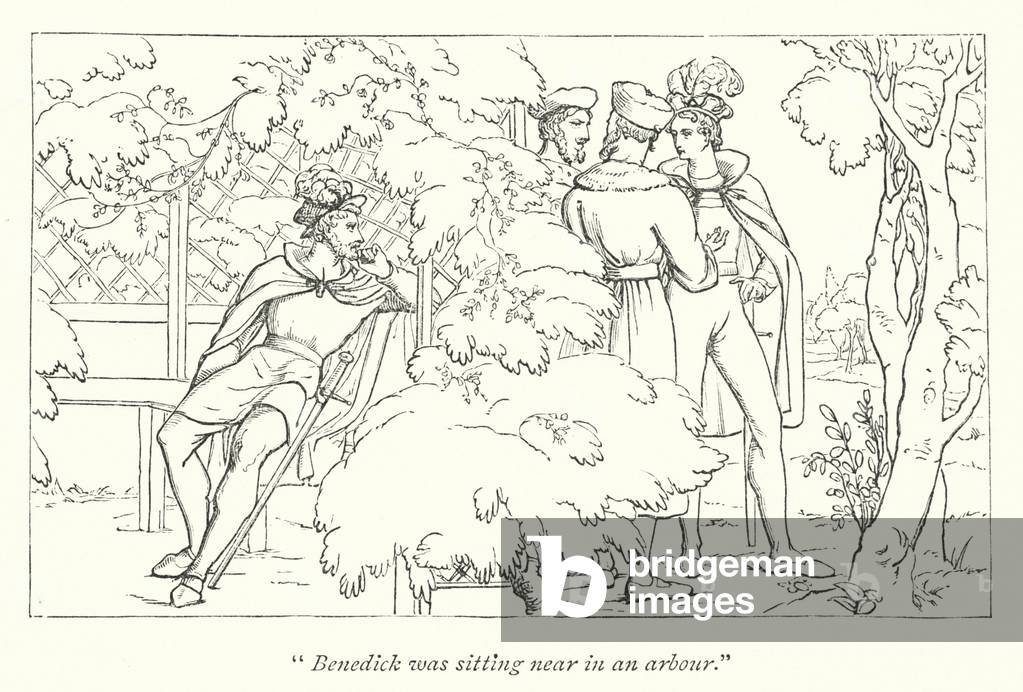 Shakespeare's Much Ado About Nothing; Benedick hears Beatrice's love for him discussed (engraving)