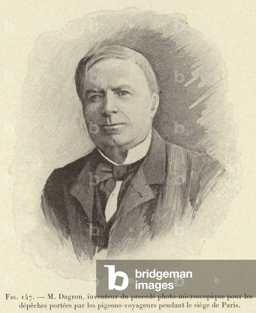 M Dagron, inventeur du procede photo-microscopique pour les depeches portees par les pigeons-voyageurs pendant le siege de Paris (engraving)