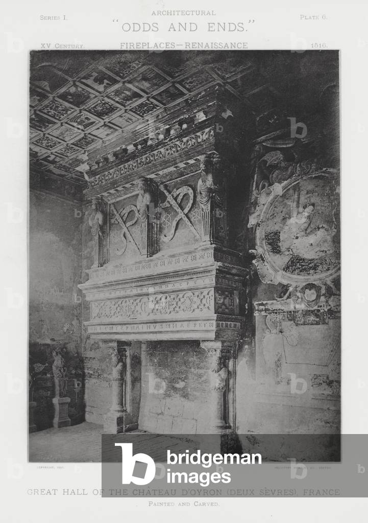 Fireplace: Great Hall of the Chateau D'Oyron, Deux Sevres, France (b/w photo)