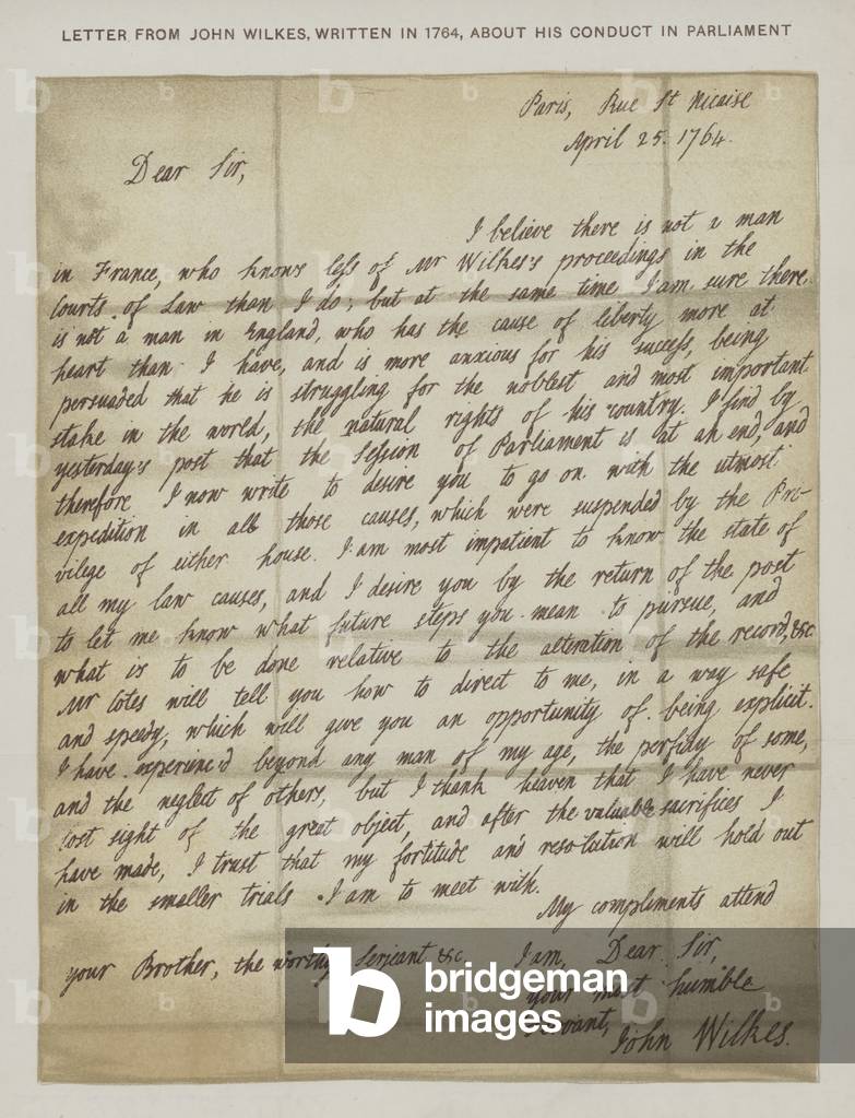 Letter from John Wilkes, written in 1764, about his conduct in parliament (colour litho)