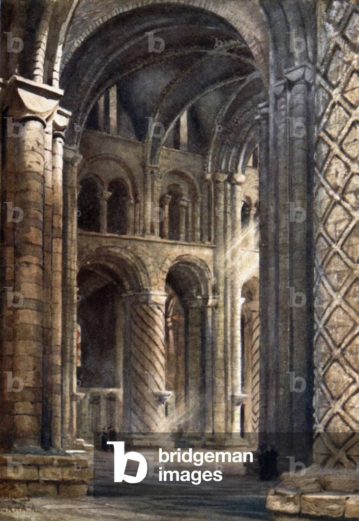 Durham, Interior of Cathedral looking Across the Nave into South Transept (colour litho)