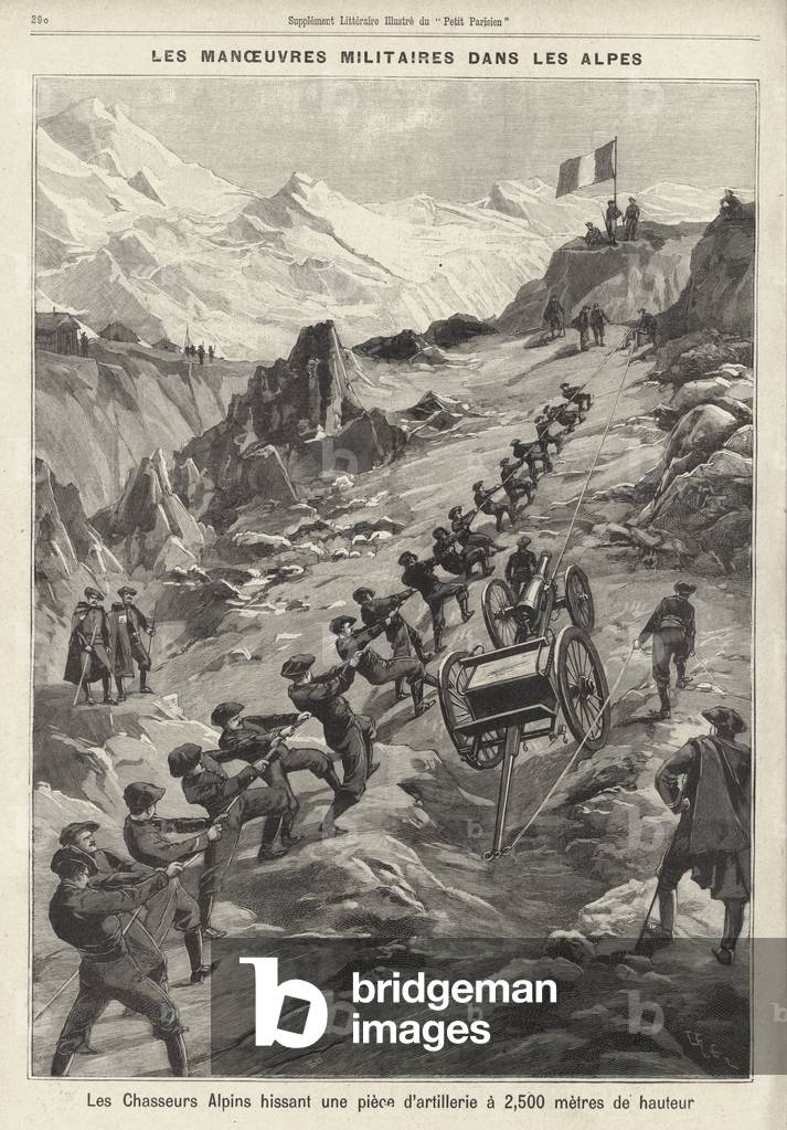 French military manoeuvres in the Alps: soldiers of the Chasseurs Alpins hoisting a field gun at an altitude of 2500 metres (engraving)