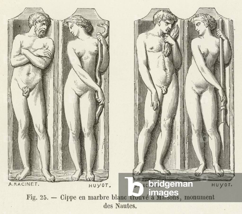 Cippe en marbre blanc trouve a Maisons, monument des Nautes (engraving)