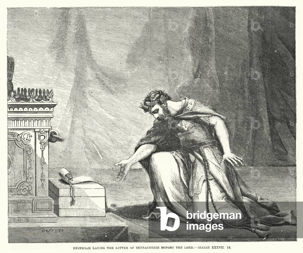 Hezekiah laying the Letter of Sennacherib before the Lord, Isaiah XXXVII, 14 (engraving)