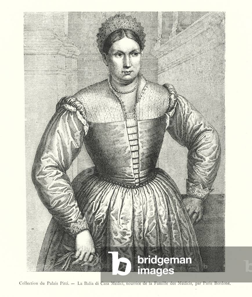 Collection du Palais Pitti, La Balia di Casa Medici, nourrice de la Famille des Medicis, par Paris Bordone (engraving)