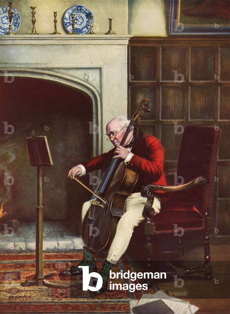 A Difficult Passage - man practising the cello in front of the fire (colour litho)