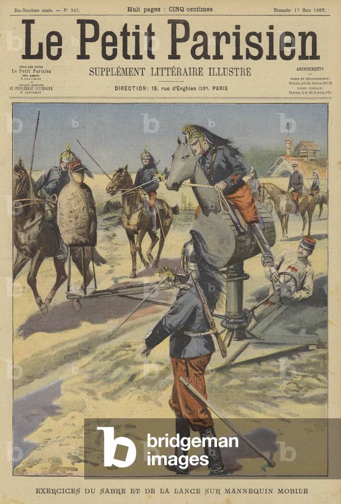 French cavalrymen training using a mechanical horse (colour litho)