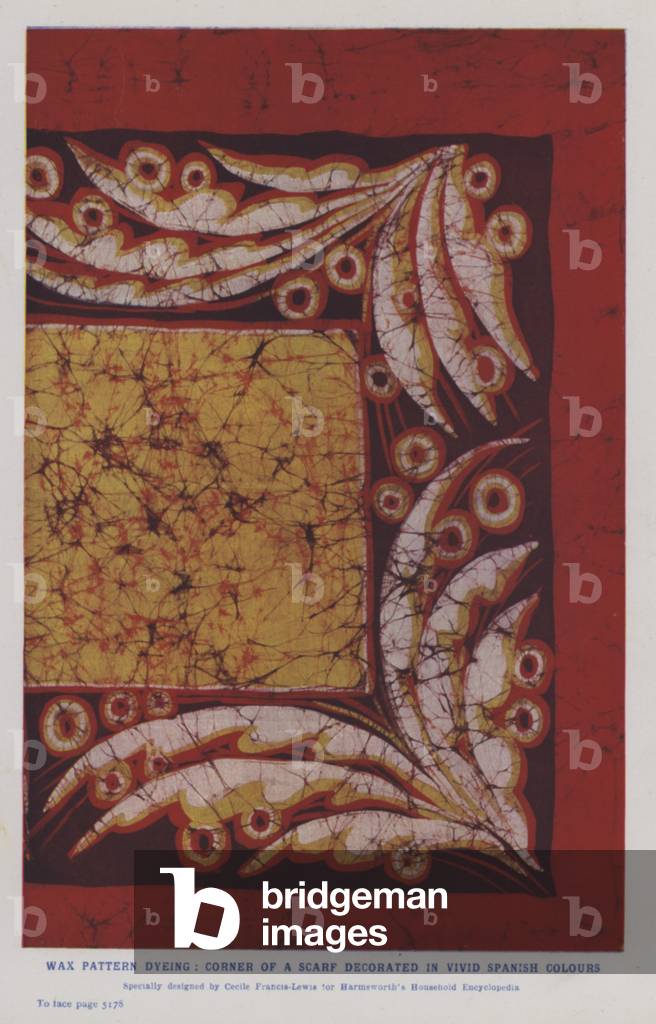 Wax pattern dyeing, corner of a scarf decorated in vivid Spanish colours (colour photo)