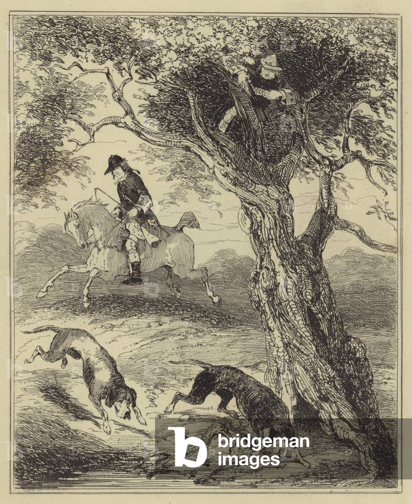 Dick Turpin hunted by Blood-hounds (engraving)