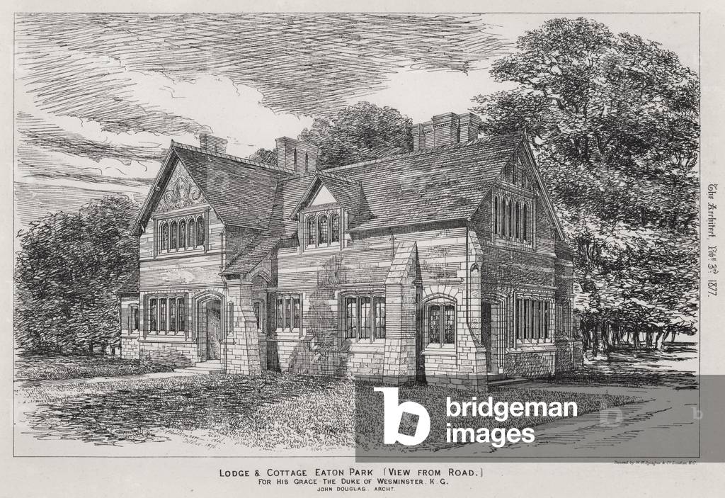 Lodge and Cottage, Eaton Park, View from Road, for His Grace the Duke of Westminster, KG (engraving)