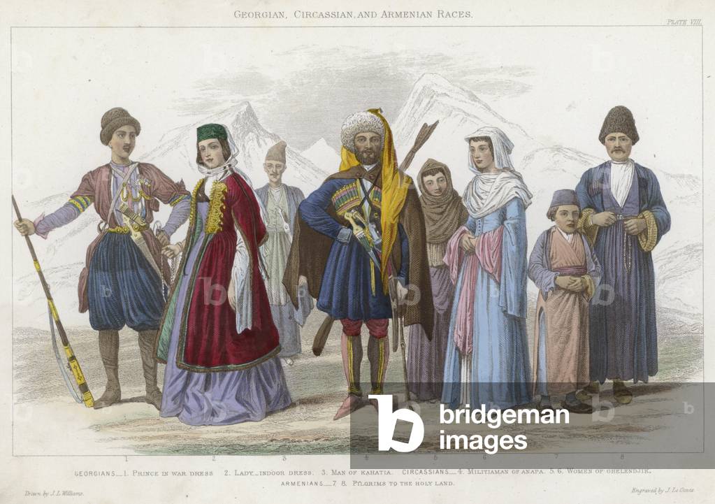 Georgian, Circassian and Armenian Races (coloured engraving)