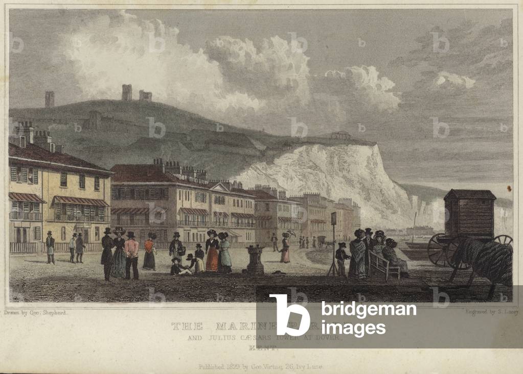 The marine parade and Julius Caesar's Tower at Dover (coloured engraving)