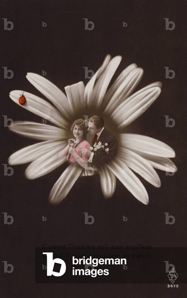A young couple in the centre of a flower with ladybird (tinted photocollage)