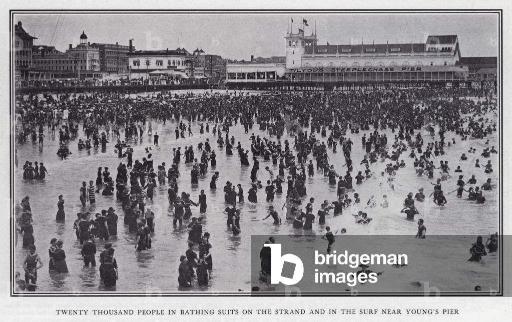 Twenty Thousand People in Bathing Suits on the Strand and in the Surf near Young's Pier (b/w photo)