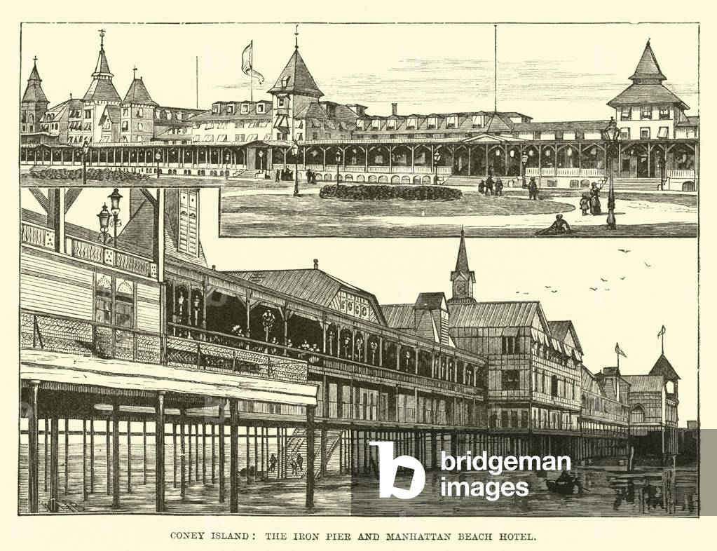Coney Island, the Iron Pier and Manhattan Beach Hotel (engraving)