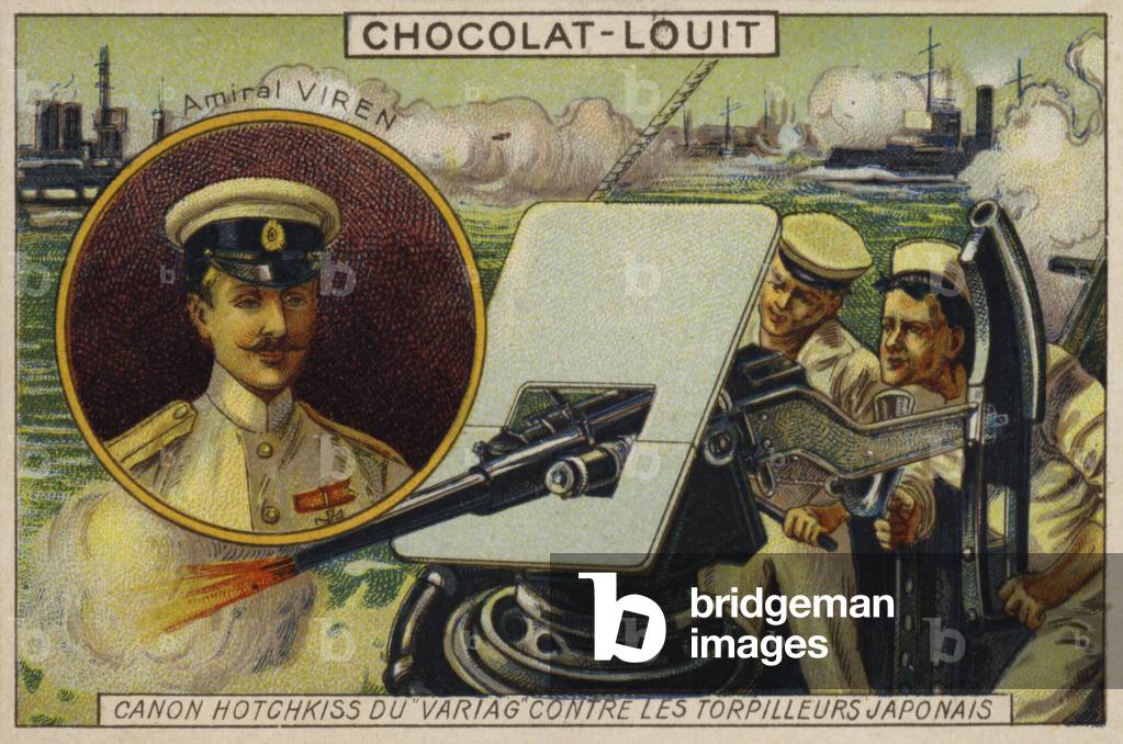 Admiral Viren, and a Hotchkiss gun of the cruiser Varyag firing on Japanese torpedo boats, Russo-Japanese War, 1904 (chromolitho)