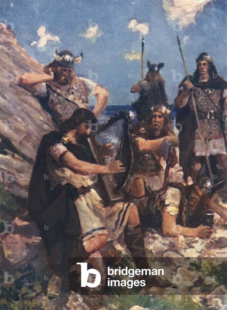 Dressed as an Old Bard, King Alfred came to the Camp of the Fierce Danes (colour litho)