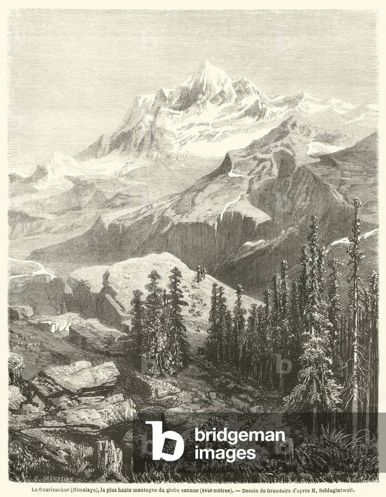 Le Gaurisankar (Himalaya), la plus haute montagne du globe connue, 8840 metres (engraving)