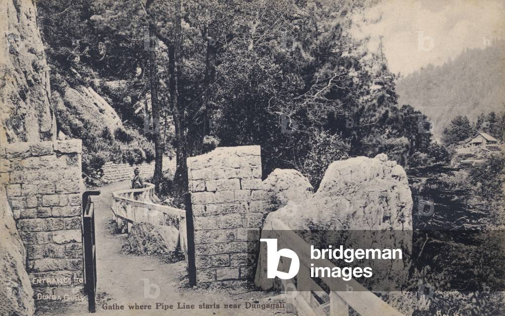 Gate where pipeline starts near Dunga Gali, India (now Pakistan) (b/w photo)