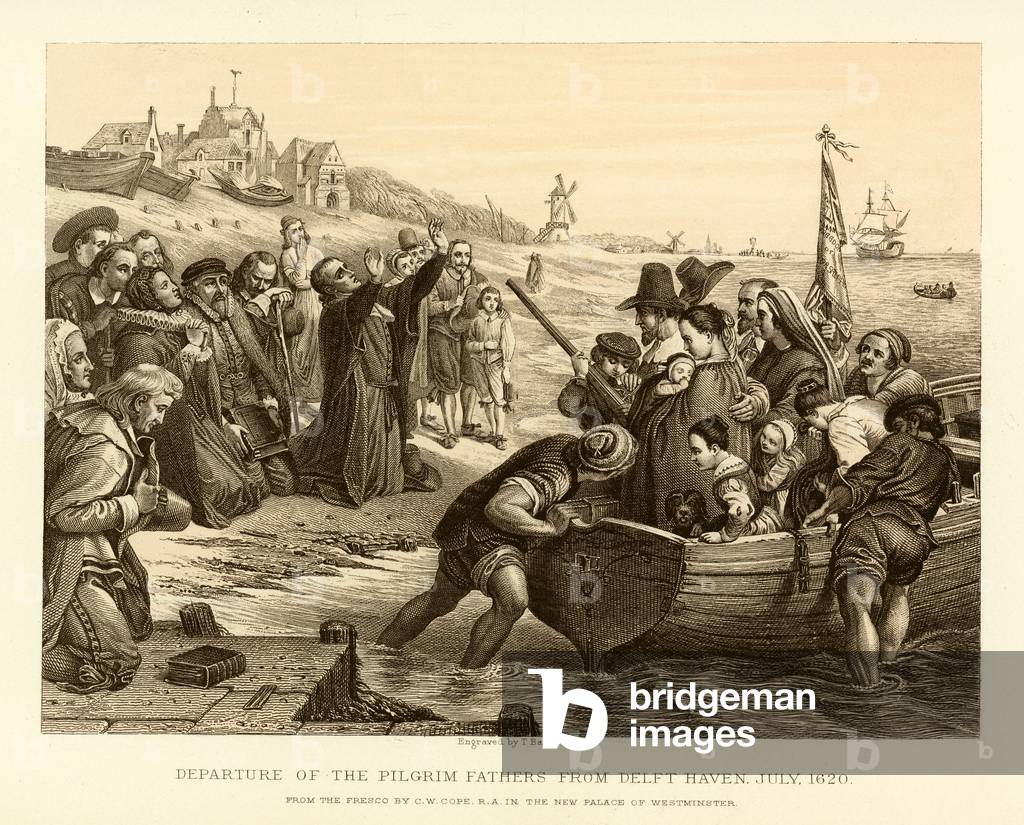 Departure of the pilgrim fathers from Delft Haven (engraving)