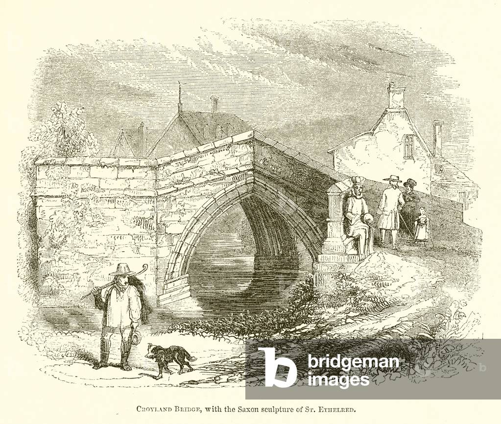 Croyland Bridge, with the Saxon Sculpture of St. Ethelred (engraving)