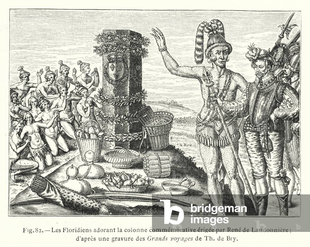 Les Floridiens adorant la colonne commemorative erigee par Rene de Laudonniere; d'apres une gravure des Grands voyages de Th de Bry (engraving)