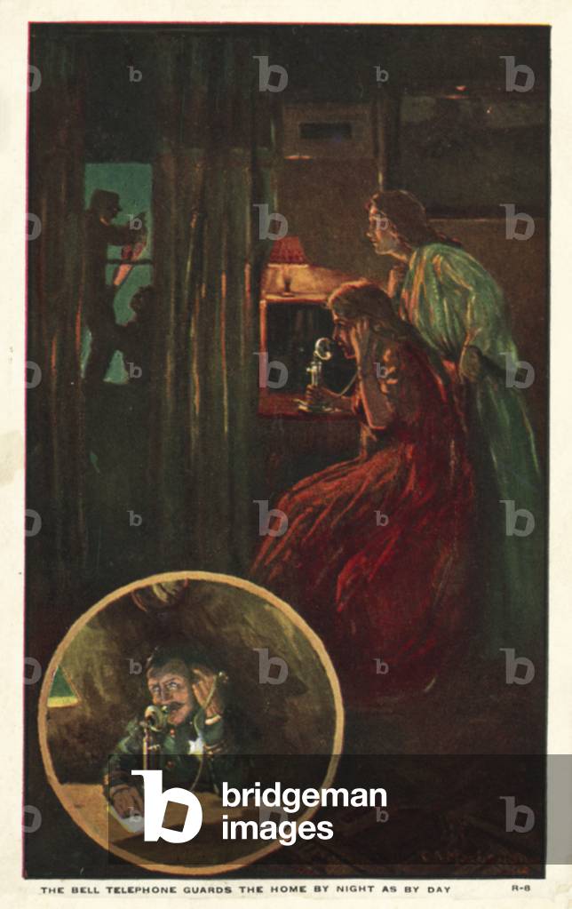 Telephone call warning of burglars (colour litho)