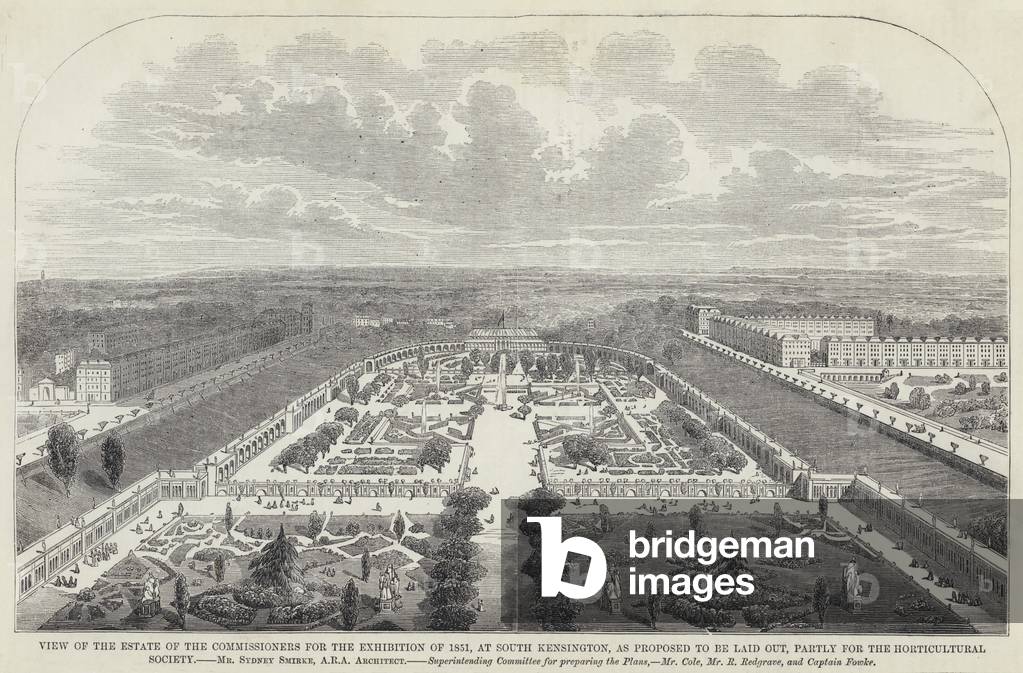 View of the Estate of the Commissioners for the Exhibition of 1851, at South Kensington, as proposed to be laid out, partly for the Horticultural Society (engraving)
