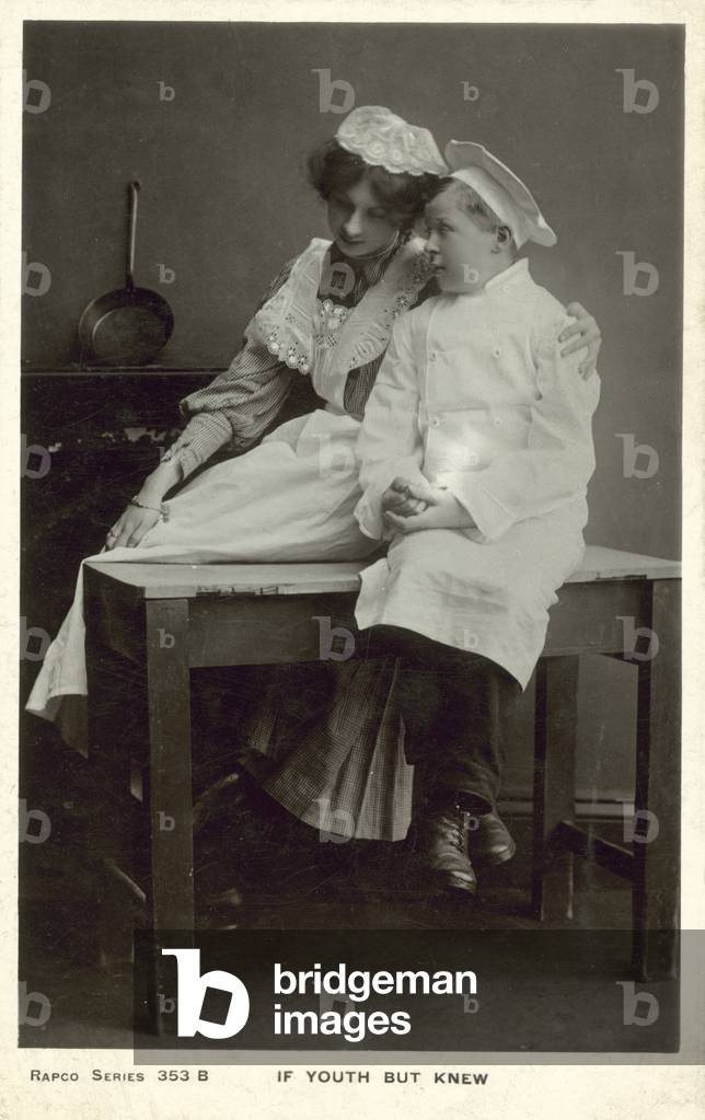 If Youth But Knew - kitchen maid consoling kitchen boy (b/w photo)