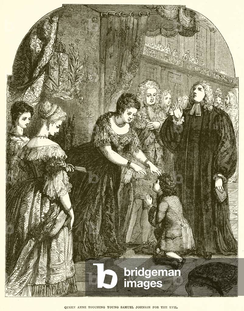 Queen Anne touching Young Samuel Johnson for the Evil (engraving)