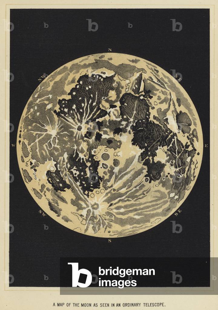 A map of the moon as seen in an ordinary telescope (colour litho)