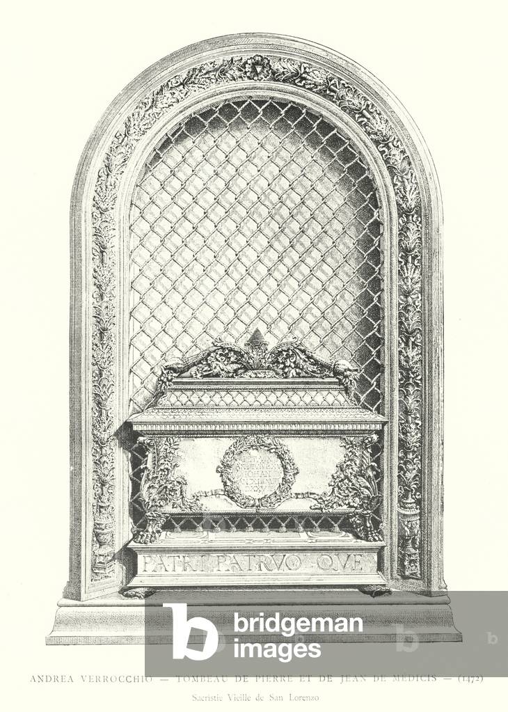 Andrea Verrocchio, Tombeau de Pierre et de Jean de Medicis, 1472, Sacristie Vieille de San Lorenzo (engraving)